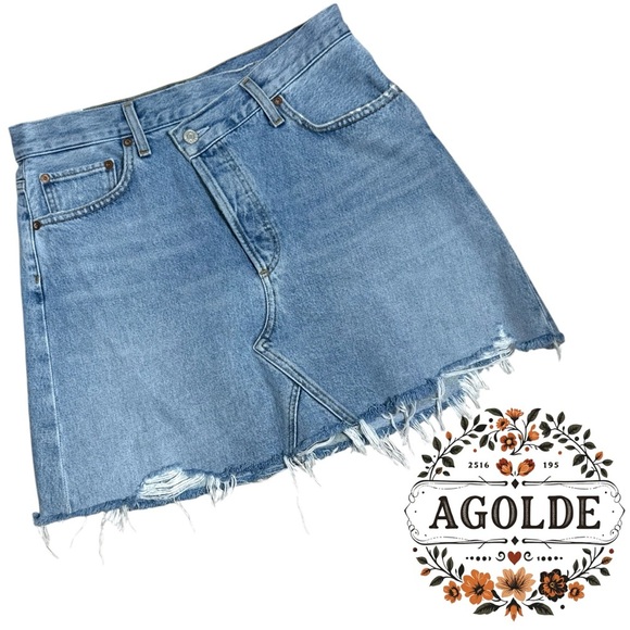 AGOLDE 90’s Criss Cross Denim Mini Skirt Button Fly Raw Hem Sz 27 - Picture 3 of 9